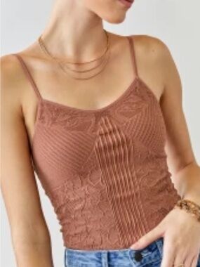 Francesca's Collections Ribbed Knit Dusty Rose Crochet Lace-Detail Seamless Cami